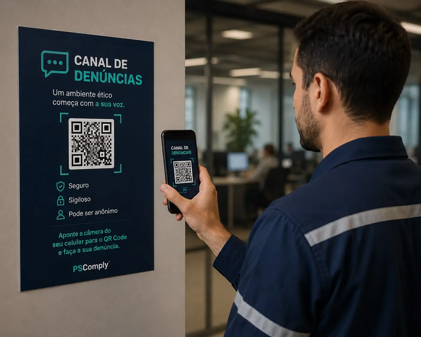 Placa de canal de denúncias com QR Code para acesso pelo celular